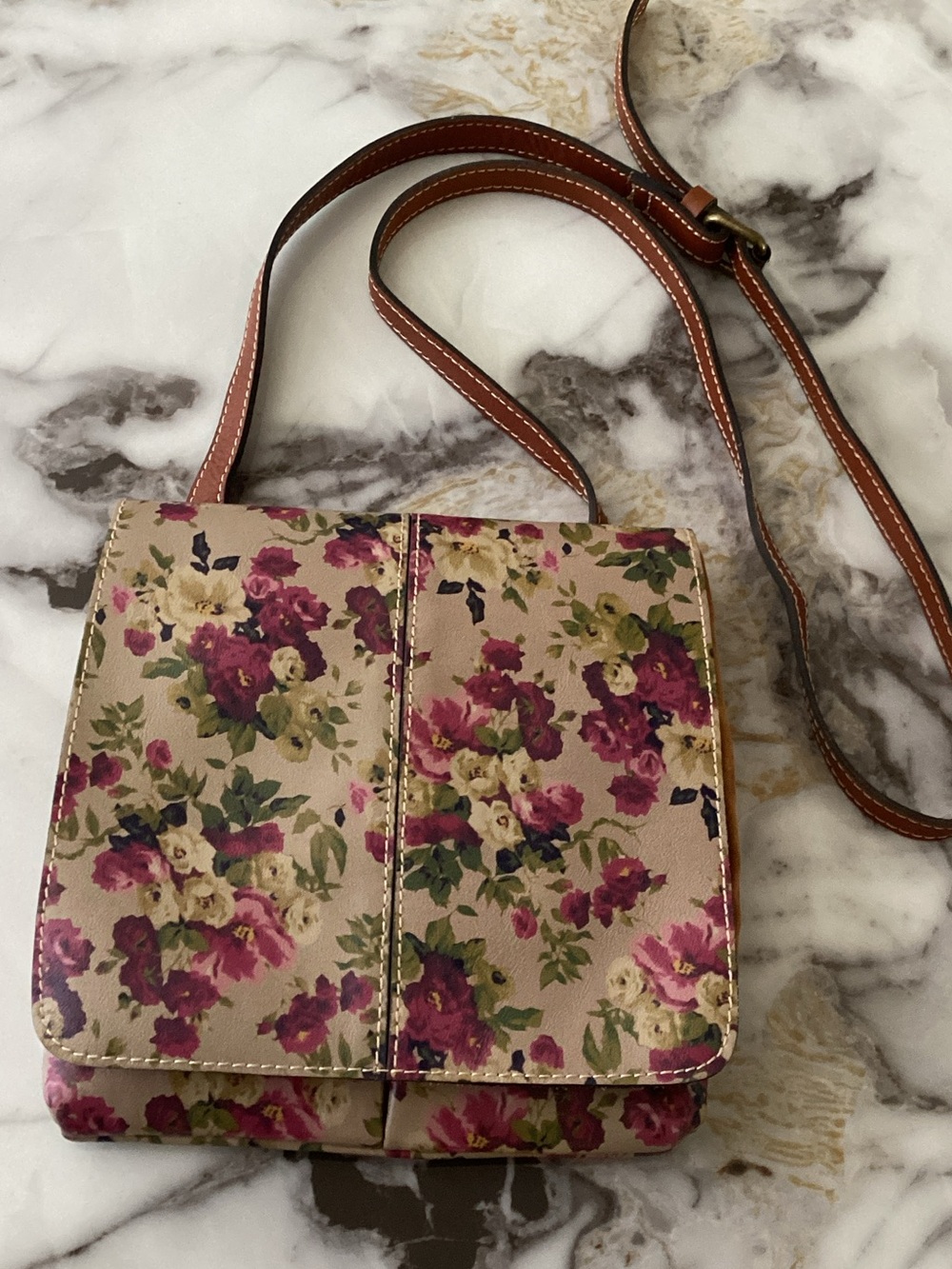Patricia Nash Floral leather Crossbody in Cream and Pink with Brown Strap